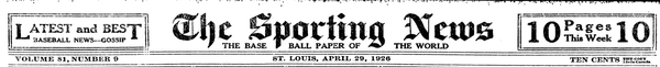 The Sporting News front page masthead, April 29, 1926, St. Louis edition, vintage baseball newspaper header with gothic typography