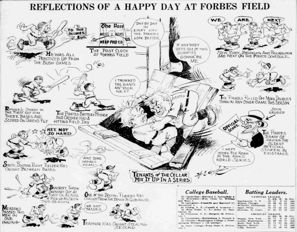 1926 Pittsburgh Post cartoon celebrating the Pirates’ 3-2 win over the Braves at Forbes Field, featuring Hazen Cuyler, Hal Rhyne, Dave Bancroft and comic game scenes.