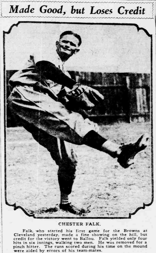 1926 newspaper photo of St. Louis Browns pitcher Chester Falk in a pitching pose during his first major league start against Cleveland.
