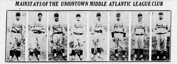 1926 newspaper feature displaying eight players from the Uniontown Middle Atlantic League Team