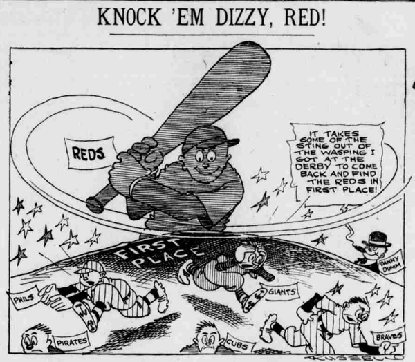 1926 Cincinnati Enquirer cartoon titled “Knock ’Em Dizzy, Red!” showing a giant Reds batter swinging rivals like the Giants, Pirates, Phillies, Cubs, and Braves out of first place.