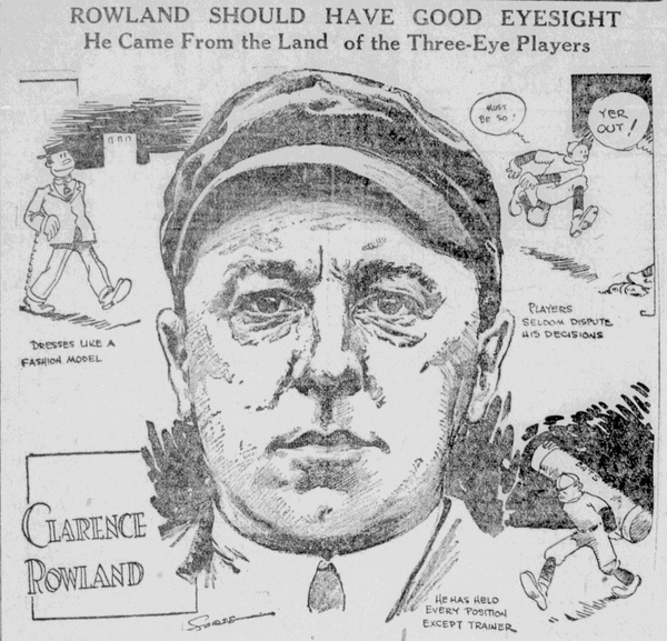 1926 illustrated newspaper portrait of American League umpire Clarence Rowland with cartoon panels showing players arguing calls and references to his Three-Eye League baseball background.