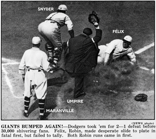 May 1926 newspaper photo showing Andy High sliding home for Brooklyn against Giants catcher Frank Snyder during a Robins victory at Ebbets Field.