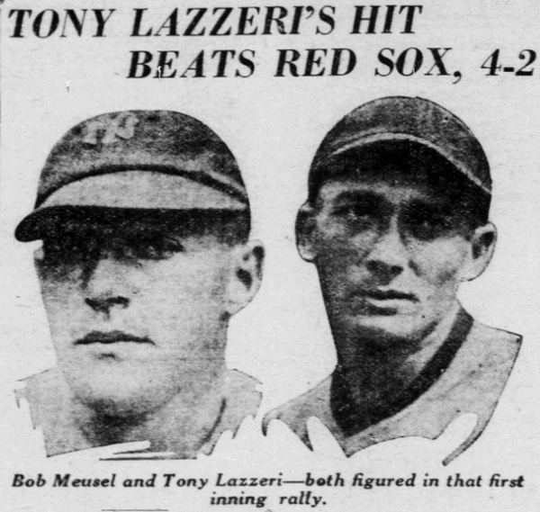 1926 newspaper photo of Yankees players Bob Meusel and Tony Lazzeri accompanying headline about New York defeating the Boston Red Sox, 4–2.