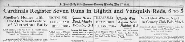 1926 St. Louis Daily Globe-Democrat sports page featuring the Cardinals’ seven-run eighth inning comeback over the Reds, alongside Browns coverage and American League roundup stories.