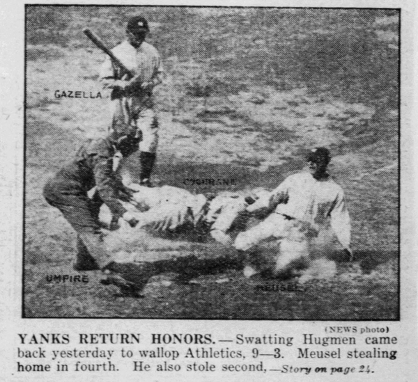 Action photo showing Bob Meusel stealing home for the Yankees against the Athletics in May 1926 while Mike Gazella watches from the batter's box.
