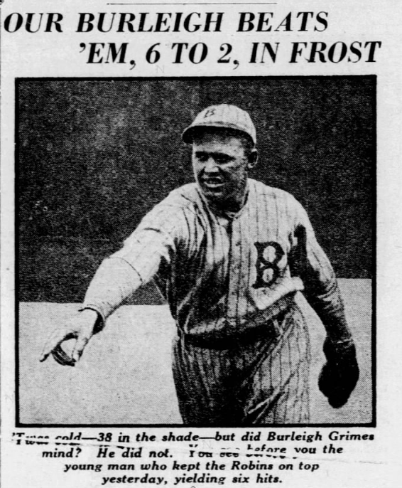 1926 newspaper photo of Brooklyn Robins pitcher Burleigh Grimes after defeating the Cubs 6–2 to keep Brooklyn in first place.