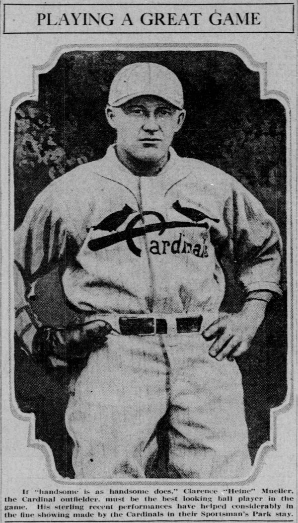 Alt Text: 1926 newspaper portrait of Cardinals outfielder Clarence “Heine” Mueller during St. Louis’ successful homestand at Sportsman’s Park.