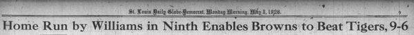Browns Win on Late Homer; Cardinals Open Home Stand Against Cincinnati May 3, 1926