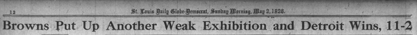 1926 newspaper headline reading “Browns Put Up Another Weak Exhibition and Detroit Wins, 11-2” from the St. Louis Globe-Democrat.
