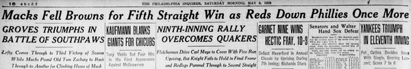 Front section of the Philadelphia Inquirer sports page from May 8, 1926, with headlines on the Athletics beating the Browns and the Reds rallying past the Phillies.