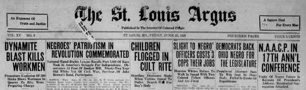 Front page of the June 25, 1926 St. Louis Argus featuring national headlines and Negro League baseball coverage.