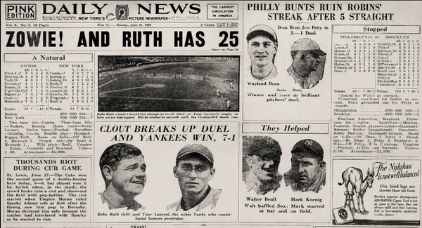 Vintage June 28, 1926 New York Daily News baseball collage featuring Babe Ruth's 25th home run, Phillies-Robins coverage, box scores, player portraits and period advertisements.