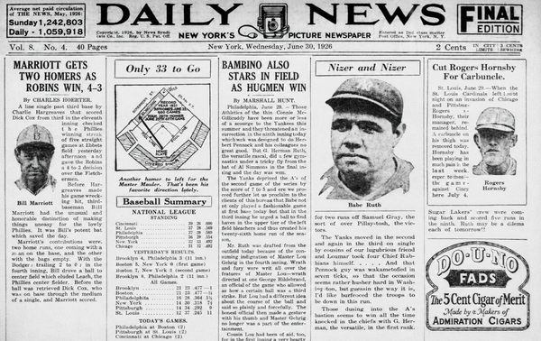 June 30, 1926 New York Daily News baseball front page featuring Babe Ruth, Bill Marriott, Rogers Hornsby and National League game coverage.