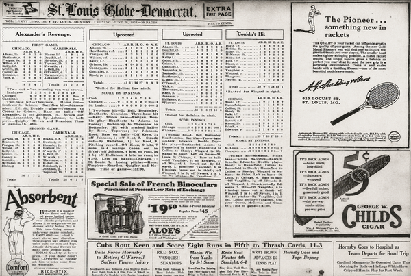 1926 St. Louis Globe-Democrat collage featuring Cubs-Cardinals headlines, Hornsby hospital story, box scores, and vintage St. Louis advertisements.