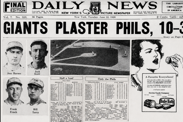 Collage of June 22, 1926 New York Daily News baseball coverage featuring Giants-Phillies headline, player portraits, Polo Grounds diagram, box scores, and Baby Ruth ad.