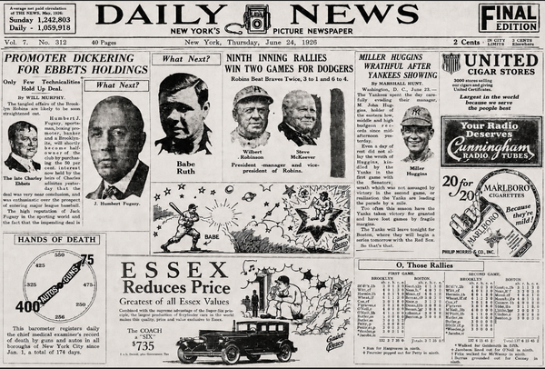Collage featuring Brooklyn ownership news, Dodgers victories, Babe Ruth cartoons, Miller Huggins, vintage advertisements, and the June 24, 1926 New York Daily News masthead.