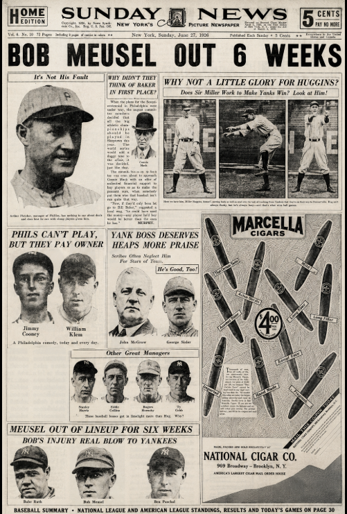 Collage styled as the June 27, 1926 New York Daily News featuring Bob Meusel's injury, Miller Huggins editorials, Phillies coverage, baseball features, and a vintage cigar advertisement.