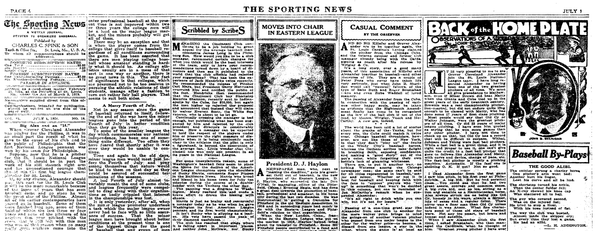 Page 4 of the July 1, 1926 Sporting News featuring baseball editorials, opinion columns, John B. Sheridan's Back of the Home Plate, and Baseball By-Plays.