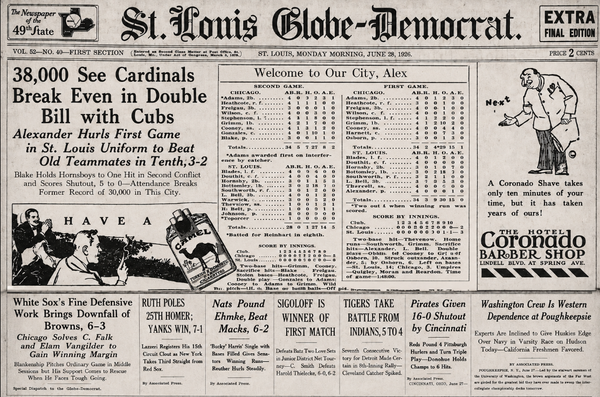 Vintage June 28, 1926 St. Louis Globe-Democrat collage featuring Cardinals-Cubs headlines, box score, Camel and Coronado Barber Shop advertisements, and White Sox-Browns coverage.