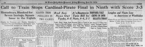 June 25, 1926, St. Louis Globe-Democrat sports page with the lead story on the Cardinals and Pirates playing to a 3–3 tie before the game was called because of Pittsburgh's train schedule.