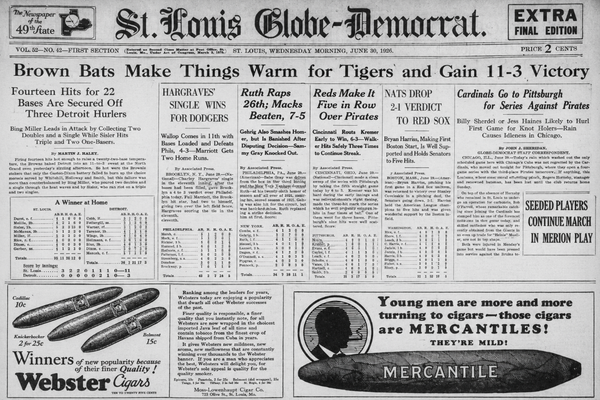 Composite of the June 30, 1926 St. Louis Globe-Democrat sports page featuring the Browns' 11–3 win over Detroit, Cardinals coverage, and vintage St. Louis advertisements.