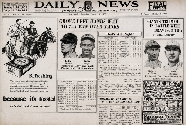 Collage featuring June 29, 1926 New York Daily News baseball headlines, player photos, box scores, and vintage advertisements highlighting Grove's victory over the Yankees.