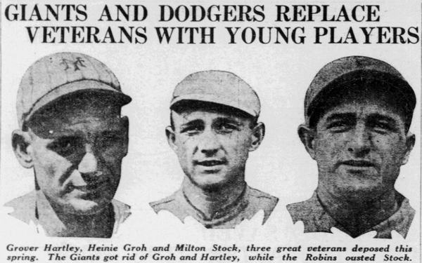 1926 newspaper montage featuring Grover Hartley, Heinie Groh, and Milton Stock beneath the headline "Giants and Dodgers Replace Veterans With Young Players."