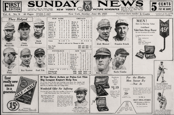 Collage of June 20, 1926 New York Daily News baseball coverage featuring player portraits, box scores and vintage advertisements from National League games.