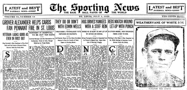 July 1, 1926 front page of The Sporting News featuring Grover Cleveland Alexander, Ted Lyons, and Major League pennant race headlines from around baseball.
