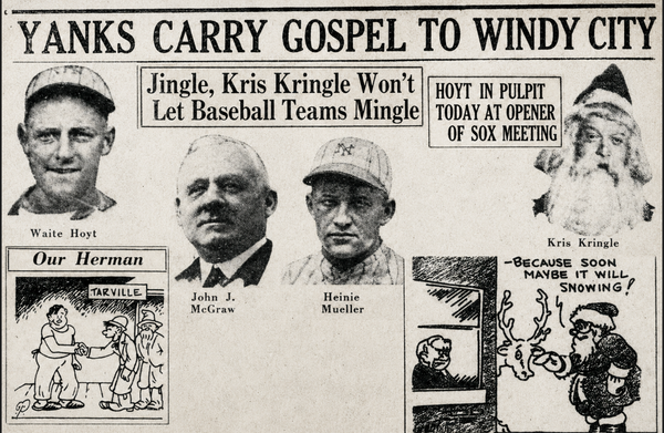 Newspaper-style collage featuring Babe Ruth, Waite Hoyt, John McGraw, Heinie Mueller, Kris Kringle cartoons, and June 1926 Yankees and Giants headlines.