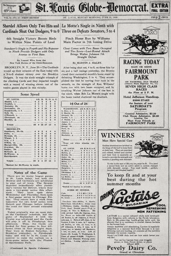 Vintage newspaper collage featuring the June 21, 1926 St. Louis Globe-Democrat masthead, Browns and Cardinals game stories, box scores, sports notes, and 1920s advertisements.