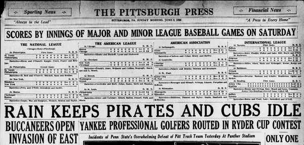 Front page of the Pittsburgh Press sports section dated June 6, 1926.