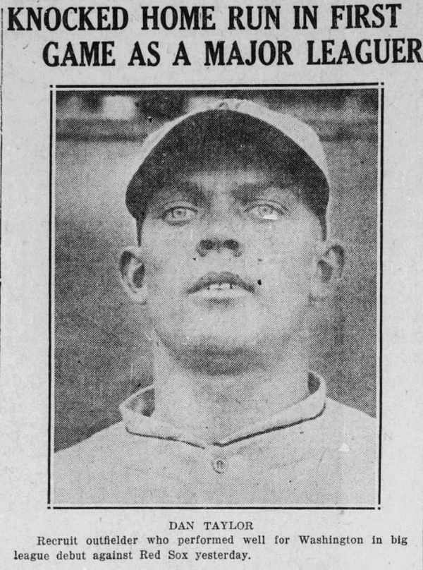 Newspaper portrait of Washington Senators rookie Dan Taylor after hitting a home run in his first major league game against the Boston Red Sox on June 30, 1926.