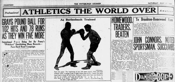 Front section of the July 17, 1926 Pittsburgh Courier sports page highlighting Homestead Grays coverage, Diamond Dope, and baseball headlines.