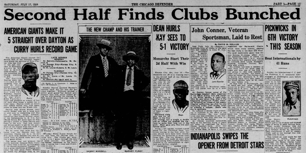 Chicago Defender sports page from July 17, 1926, highlighting Negro National League action including the American Giants, Kansas City Monarchs, Indianapolis A.B.C.'s, and Detroit Stars.