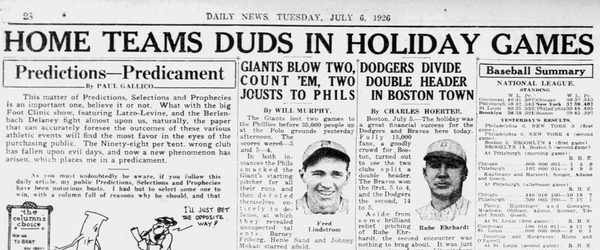 New York Daily News sports page from July 6, 1926 featuring headlines on the Yankees, Giants and Dodgers after Independence Day doubleheaders.