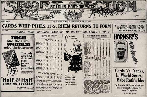 Alt Text: Vintage July 18, 1926 newspaper collage featuring Rogers Hornsby, Flint Rhem, Babe Ruth, Yankees, Cardinals, and St. Louis Stars baseball coverage.