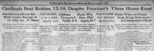 Front page of the St. Louis Daily Globe-Democrat sports section dated July 14, 1926, featuring the headline "Cardinals Beat Robins, 12-10, Despite Fournier's Three Home Runs".