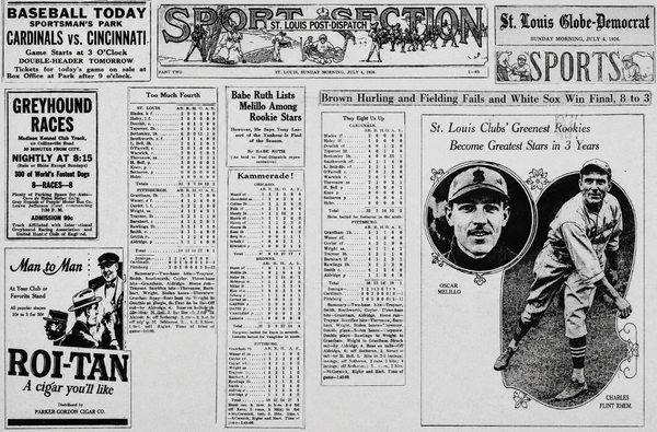 Collage of July 4, 1926 St. Louis Post-Dispatch and Globe-Democrat sports pages featuring Cardinals, Browns, Babe Ruth, Oscar Melillo, Flint Rhem and vintage baseball advertisements.