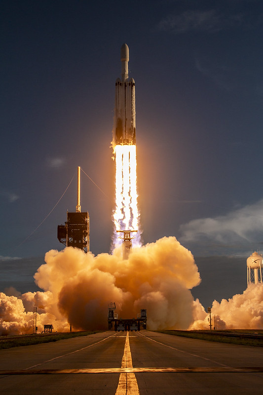 The Falcon Heavy carrying the Roman Space Telescope clears the tower on August 30, 2026. The rocket is now above the protection offered by the ground-based lightning system. (NASA photo)
