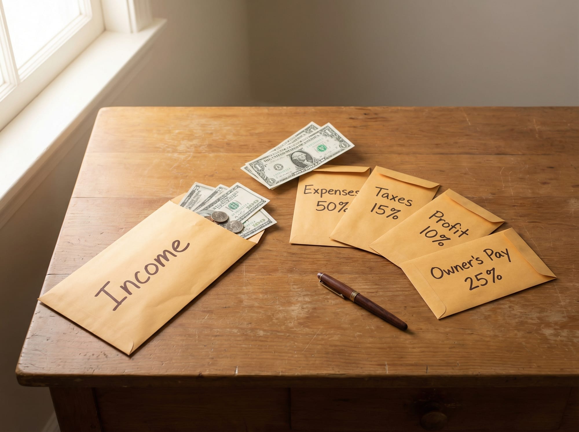 The Profit First concept: every dollar gets bucketed automatically.