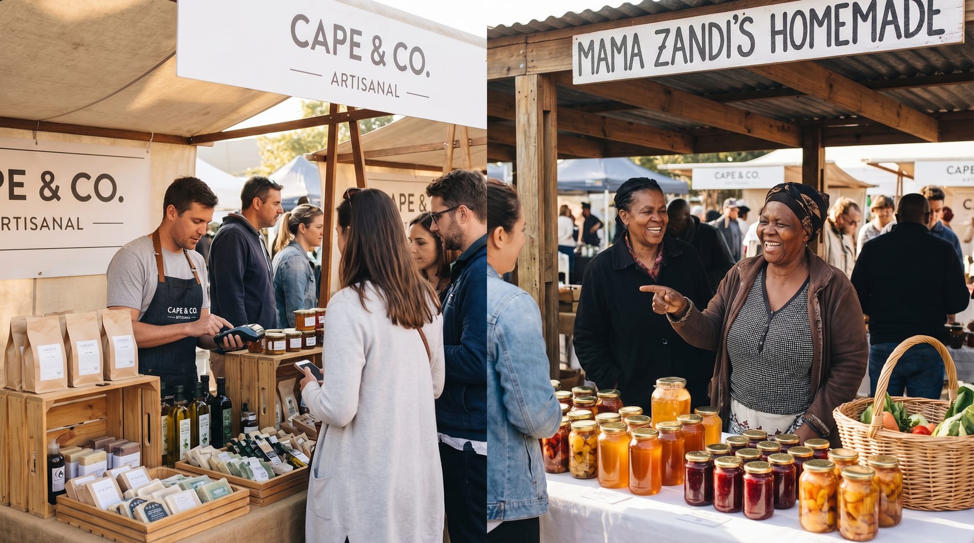 Two market stalls side by side — one branded business and one passion project