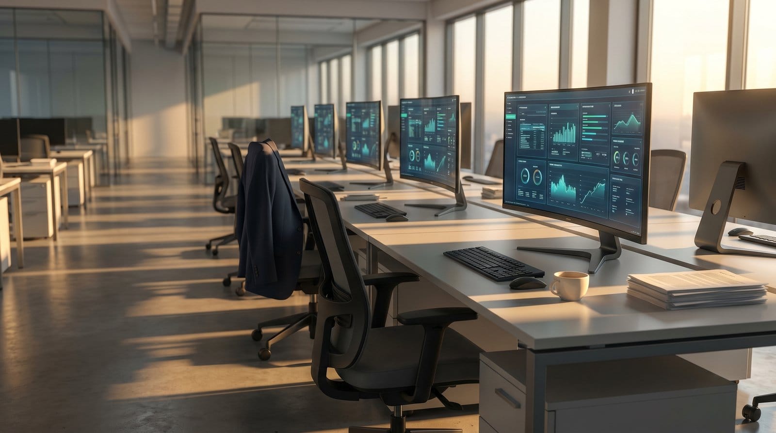 An empty open-plan office in late-afternoon golden light, with rows of monitors displaying AI dashboards on chart-filled screens, chairs neatly pushed in, a jacket draped on one chair and an untouched coffee cup on a desk, no people present