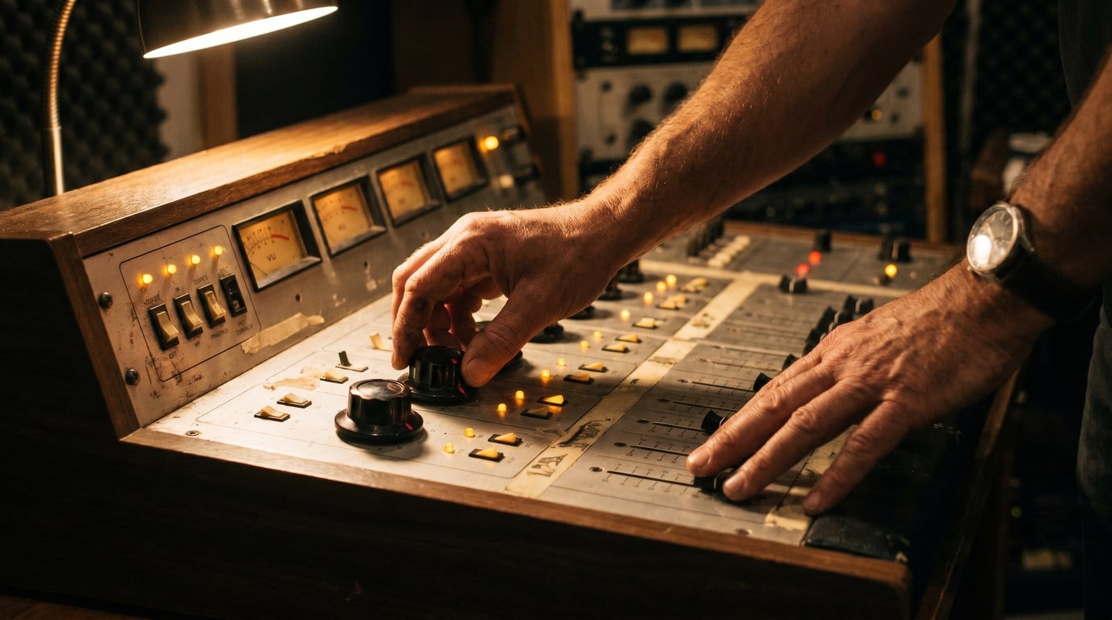 Two weathered hands operating a vintage analog audio mixing console with rows of knobs, sliders, and amber-glowing indicator lights, mid-adjustment on a single central knob