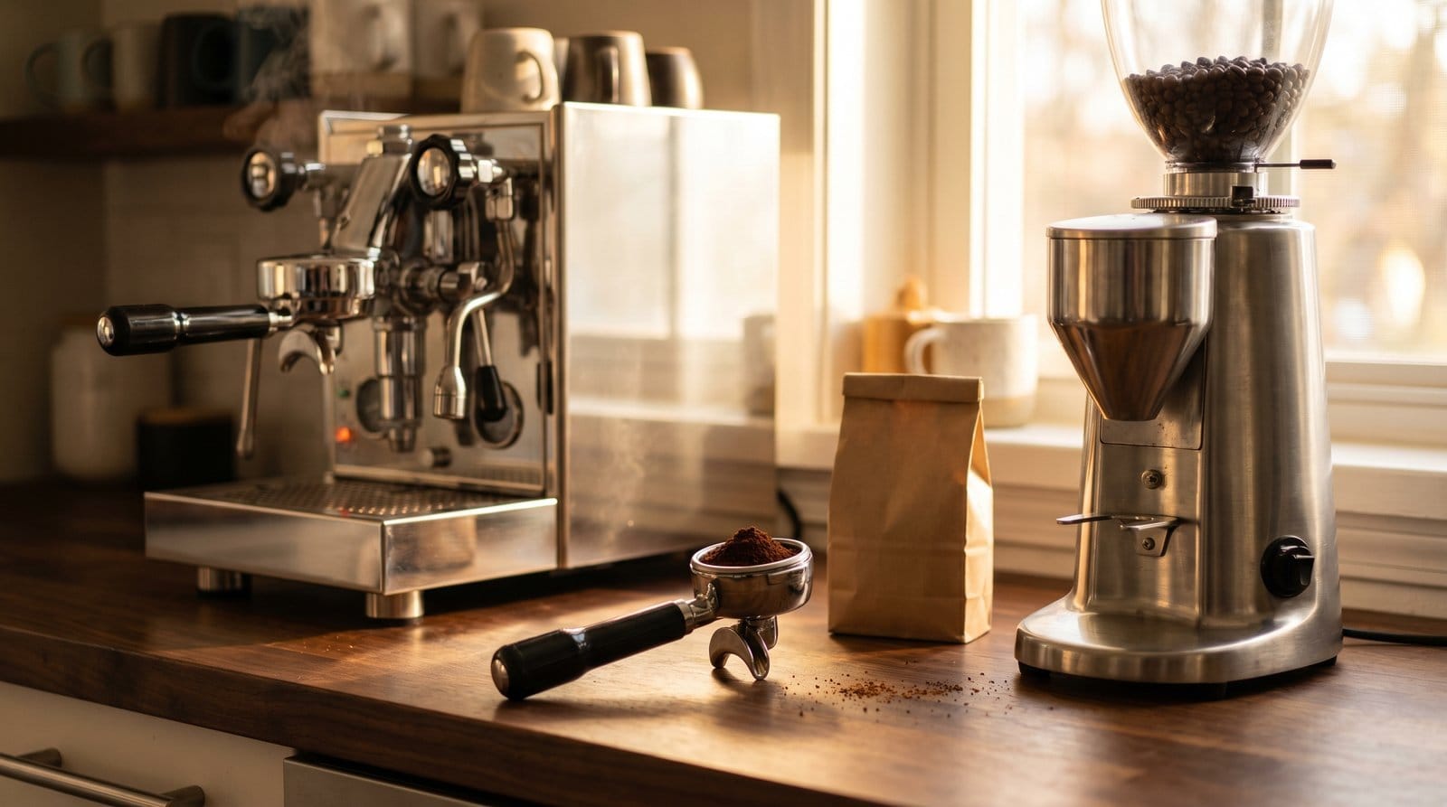A prosumer espresso machine on the left and a heavy stainless conical-burr grinder on the right, with a portafilter holding tamped grounds and a bag of beans on a walnut counter in warm morning window light