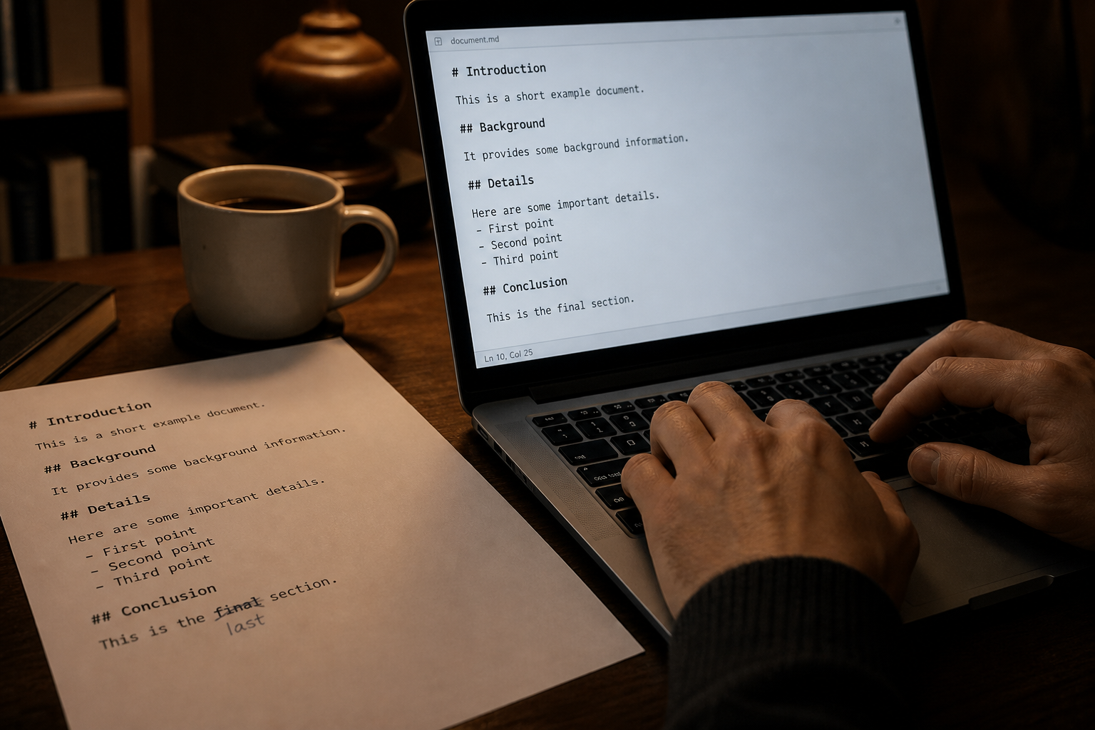 Hands editing a markdown file instead of sending it back through the meter