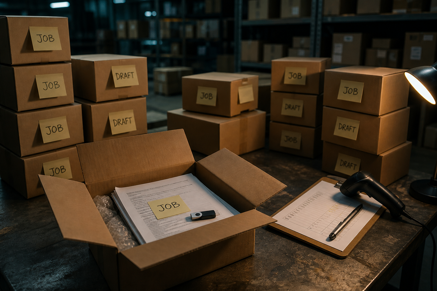 Labeled JOB and DRAFT packages on a work table
