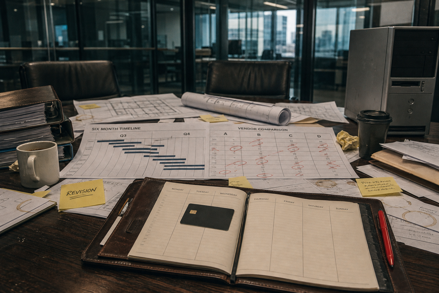 Messy conference table with a six-month timeline and a charge card on Tuesday