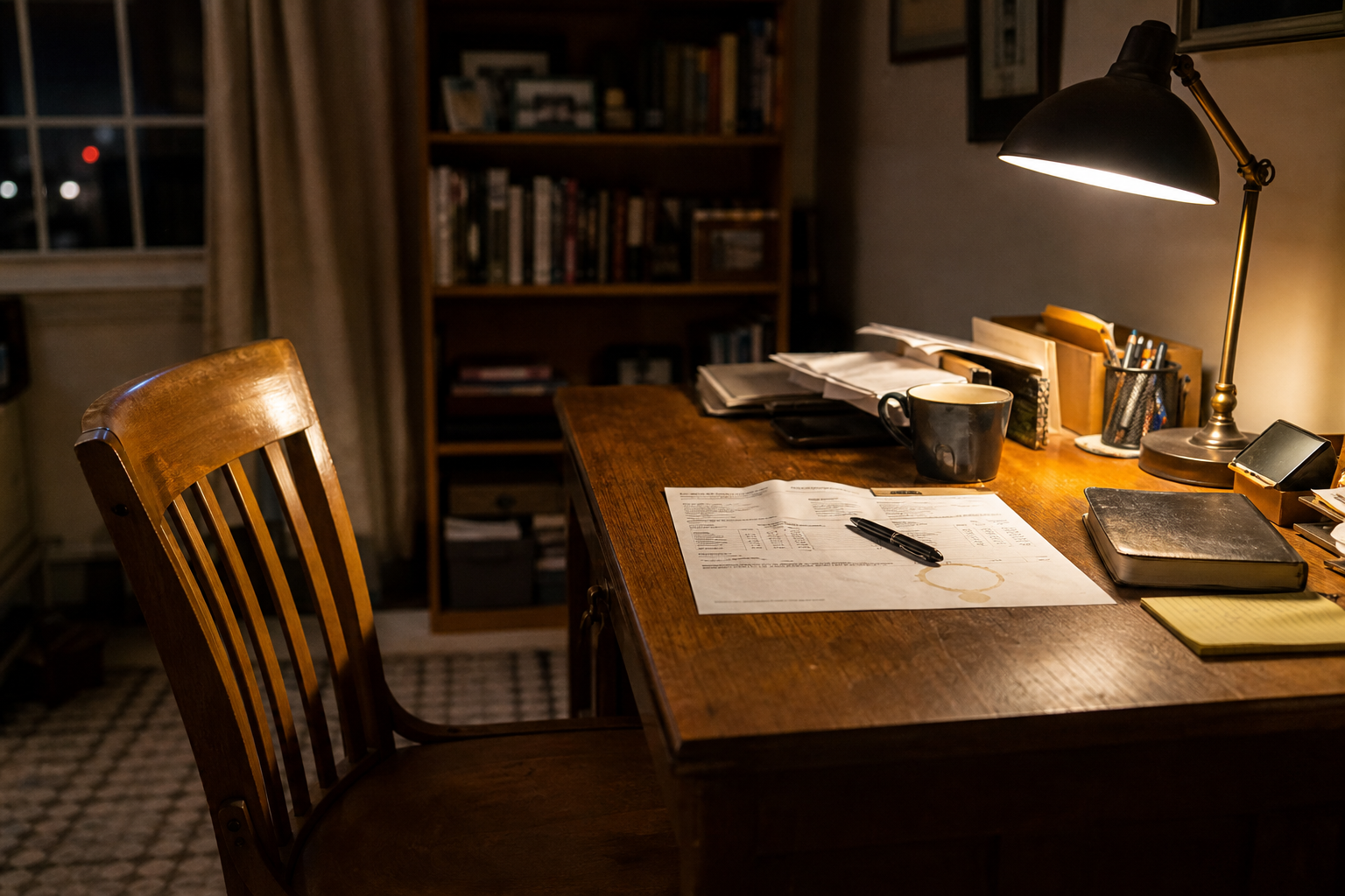 Empty home office at night with one chair and one invoice on the desk